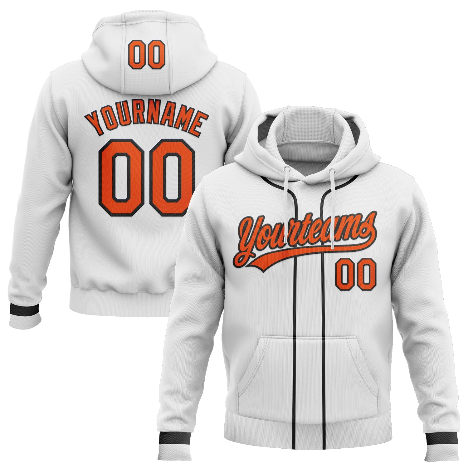 Custom Stitched White Orange-Black Baseball Pullover Sweatshirt Hoodie - Main View