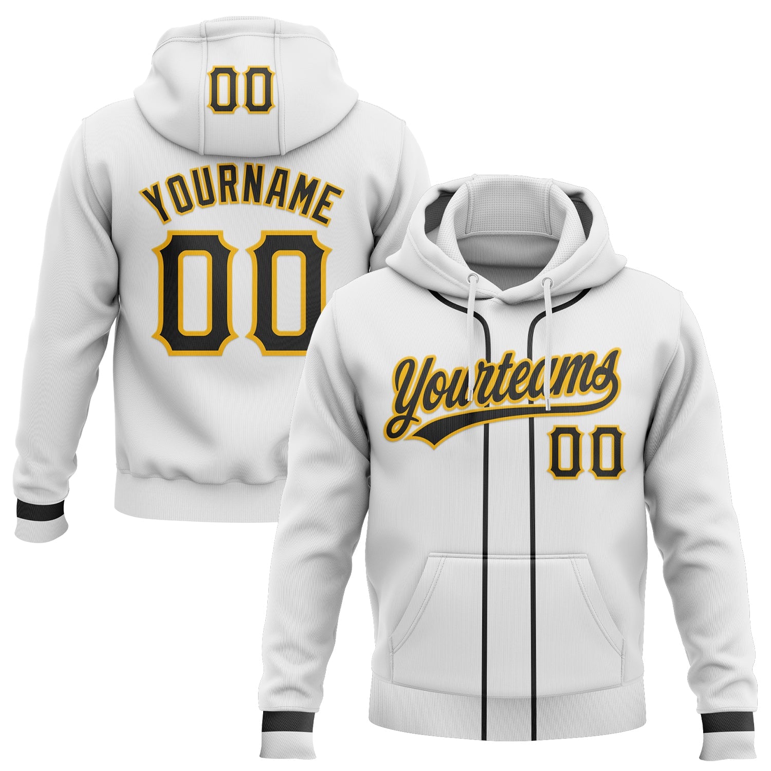 Custom Stitched White Black-Gold Baseball Pullover Sweatshirt Hoodie - Main View