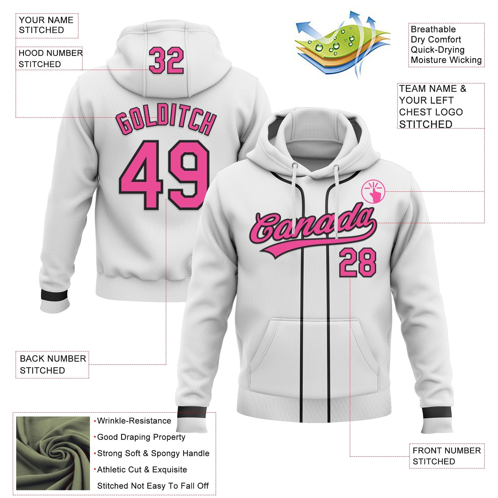Custom Stitched White Pink-Black Baseball Pullover Sweatshirt Hoodie view 2