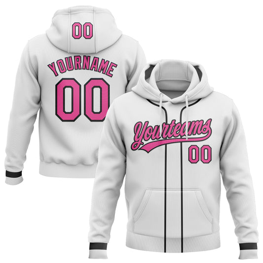 Custom Stitched White Pink-Black Baseball Pullover Sweatshirt Hoodie - Main View