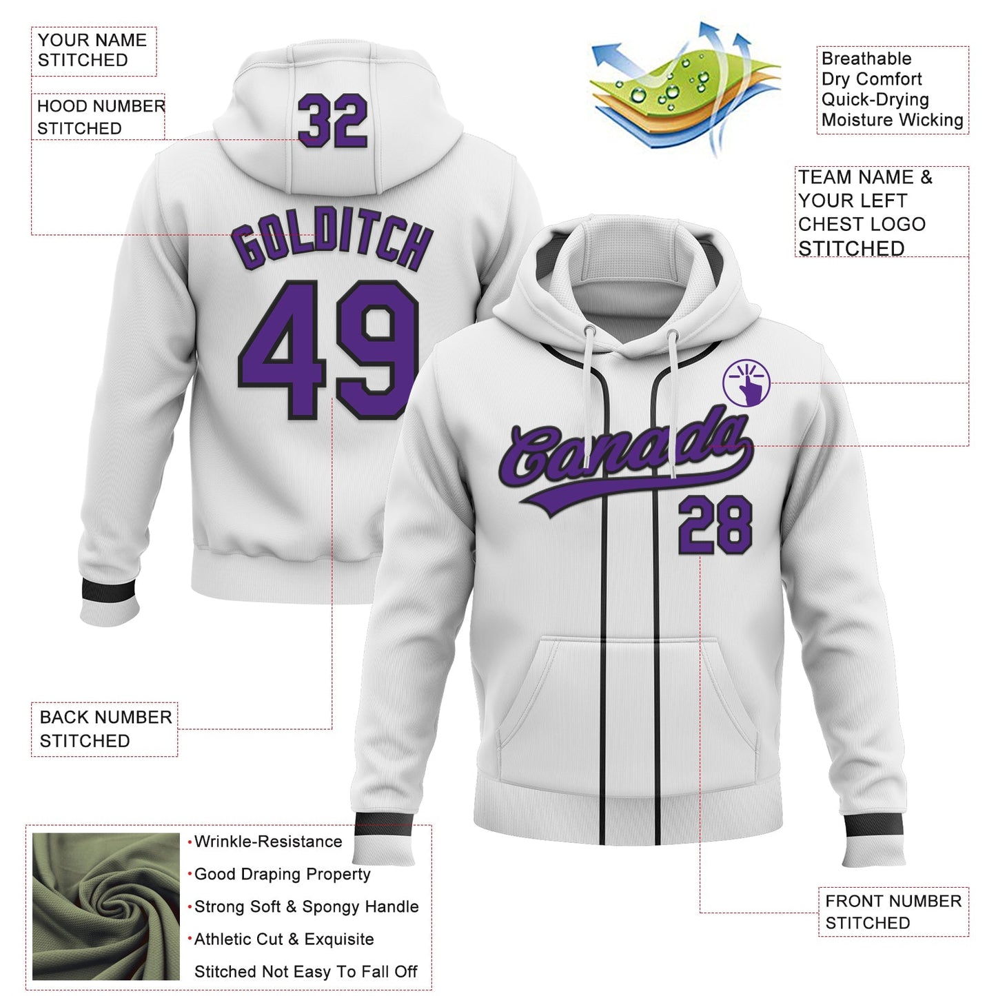 Custom Stitched White Purple-Black Baseball Pullover Sweatshirt Hoodie view 2