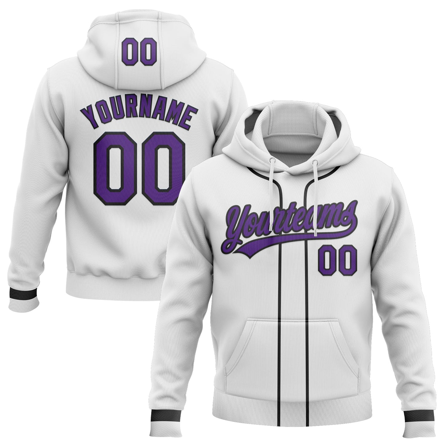 Custom Stitched White Purple-Black Baseball Pullover Sweatshirt Hoodie - Main View