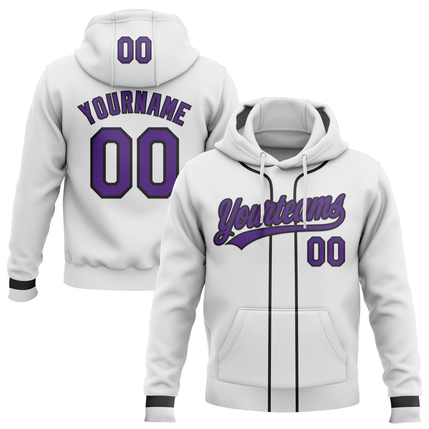 Custom Stitched White Purple-Black Baseball Pullover Sweatshirt Hoodie - Main View