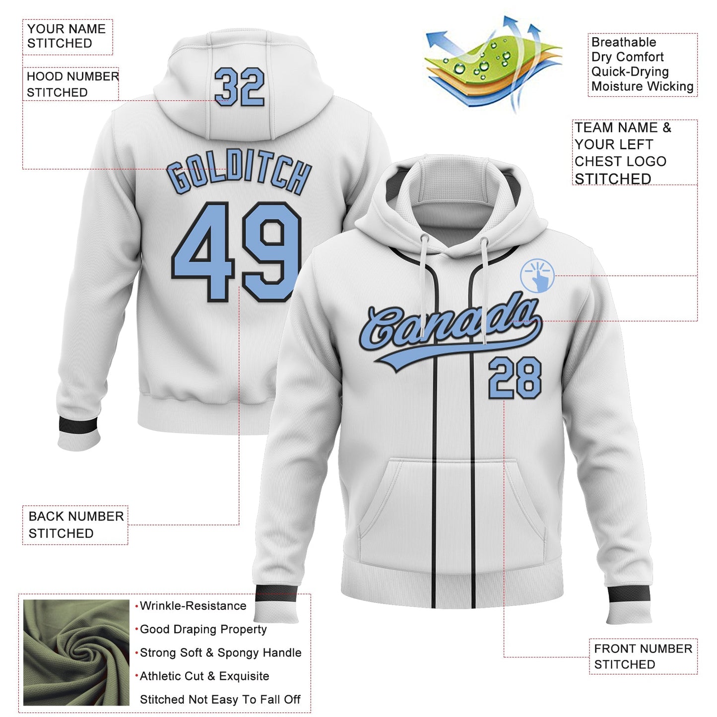 Custom Stitched White Light Blue-Black Baseball Pullover Sweatshirt Hoodie view 2