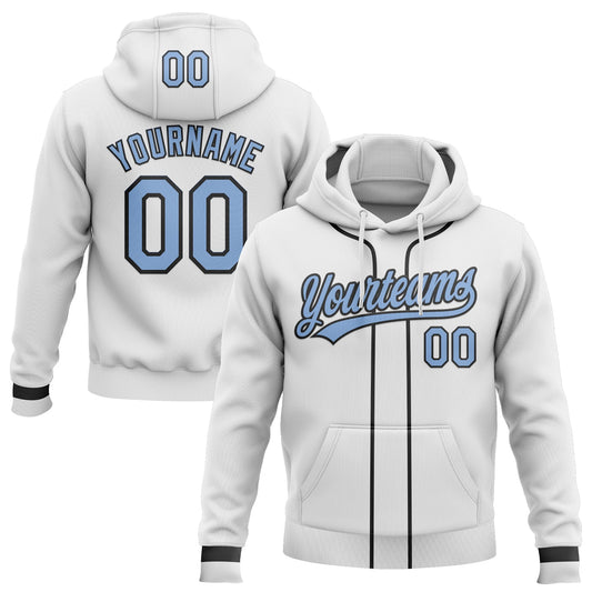 Custom Stitched White Light Blue-Black Baseball Pullover Sweatshirt Hoodie - Main View