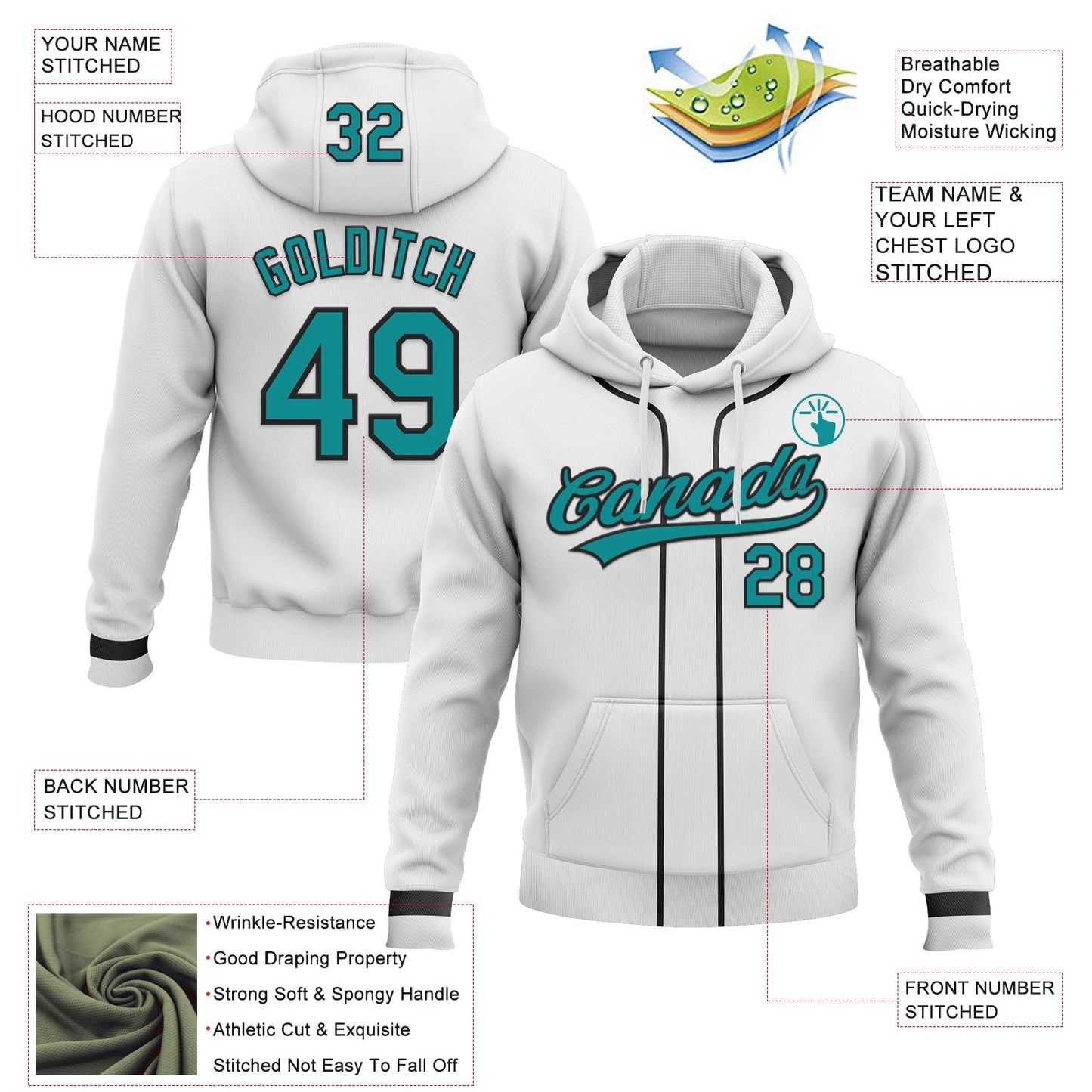 Custom Stitched White Teal-Black Baseball Pullover Sweatshirt Hoodie view 2