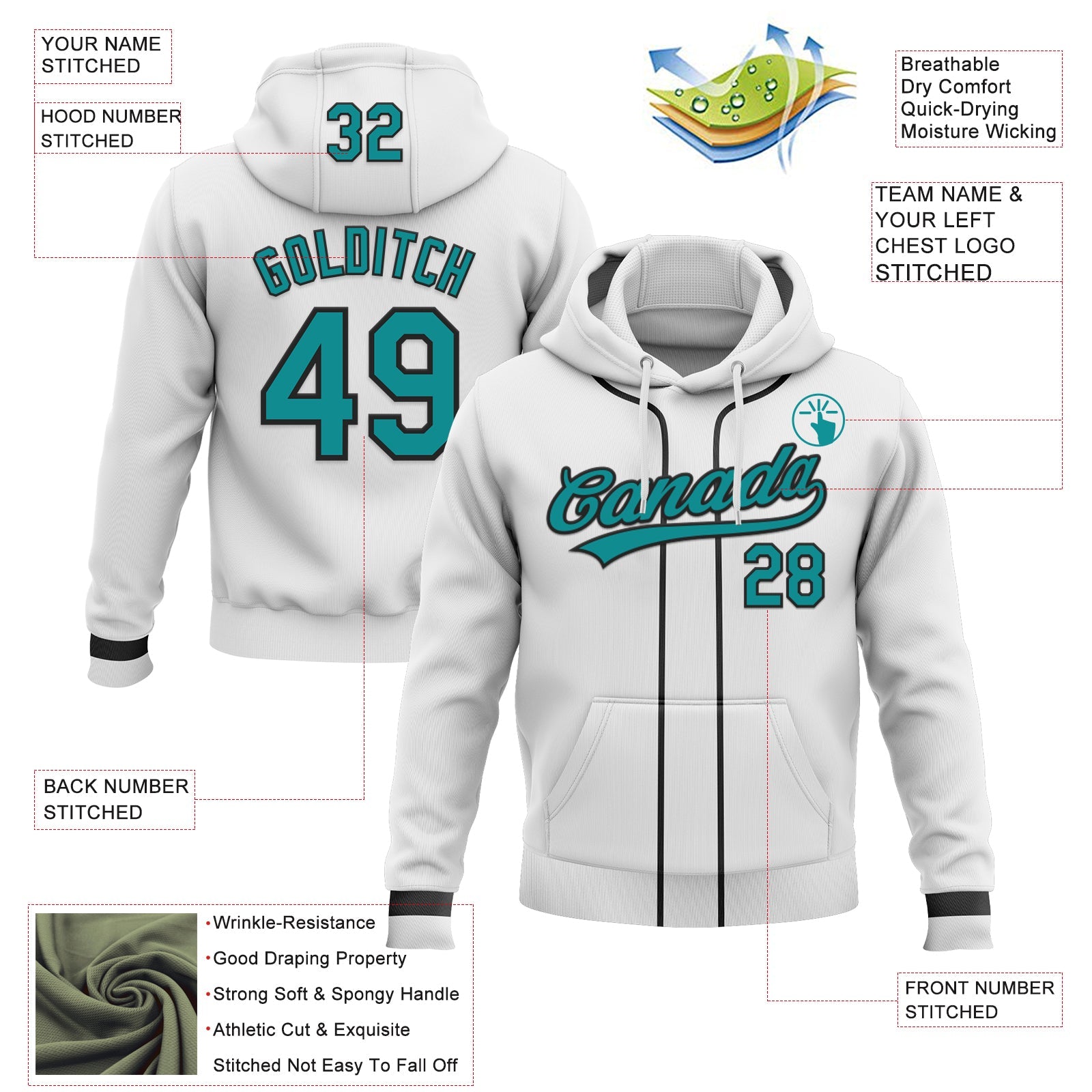 Custom Stitched White Teal-Black Baseball Pullover Sweatshirt Hoodie view 2