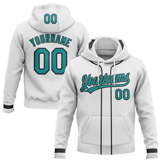 Custom Stitched White Teal-Black Baseball Pullover Sweatshirt Hoodie - Main View