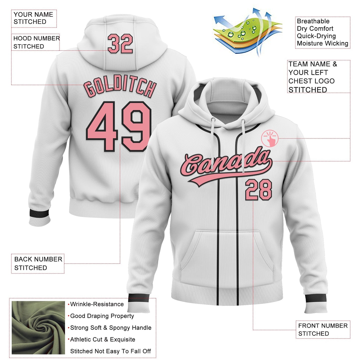 Custom Stitched White Medium Pink-Black Baseball Pullover Sweatshirt Hoodie view 2