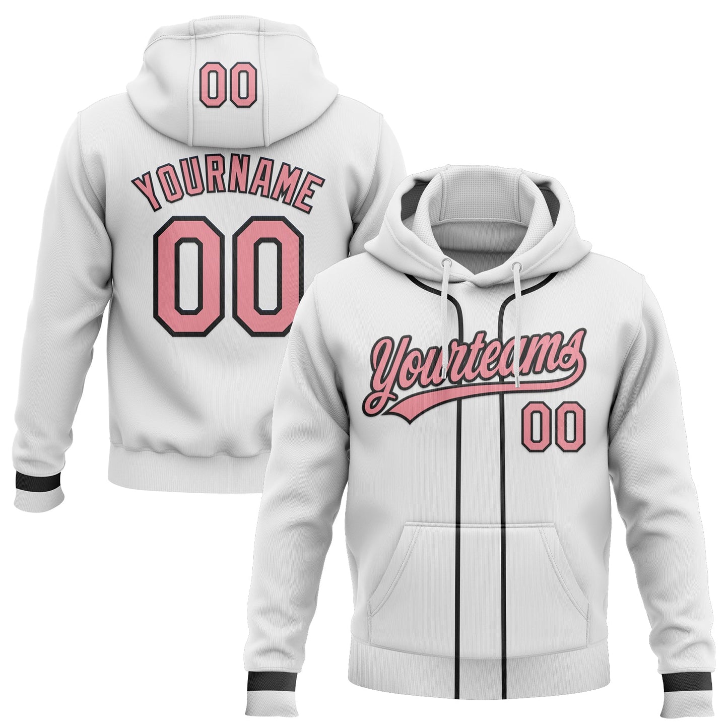 Custom Stitched White Medium Pink-Black Baseball Pullover Sweatshirt Hoodie - Main View