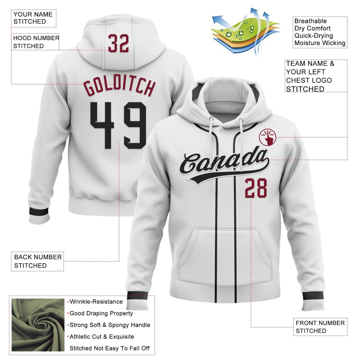 Custom Stitched White Black-Crimson Baseball Pullover Sweatshirt Hoodie view 2