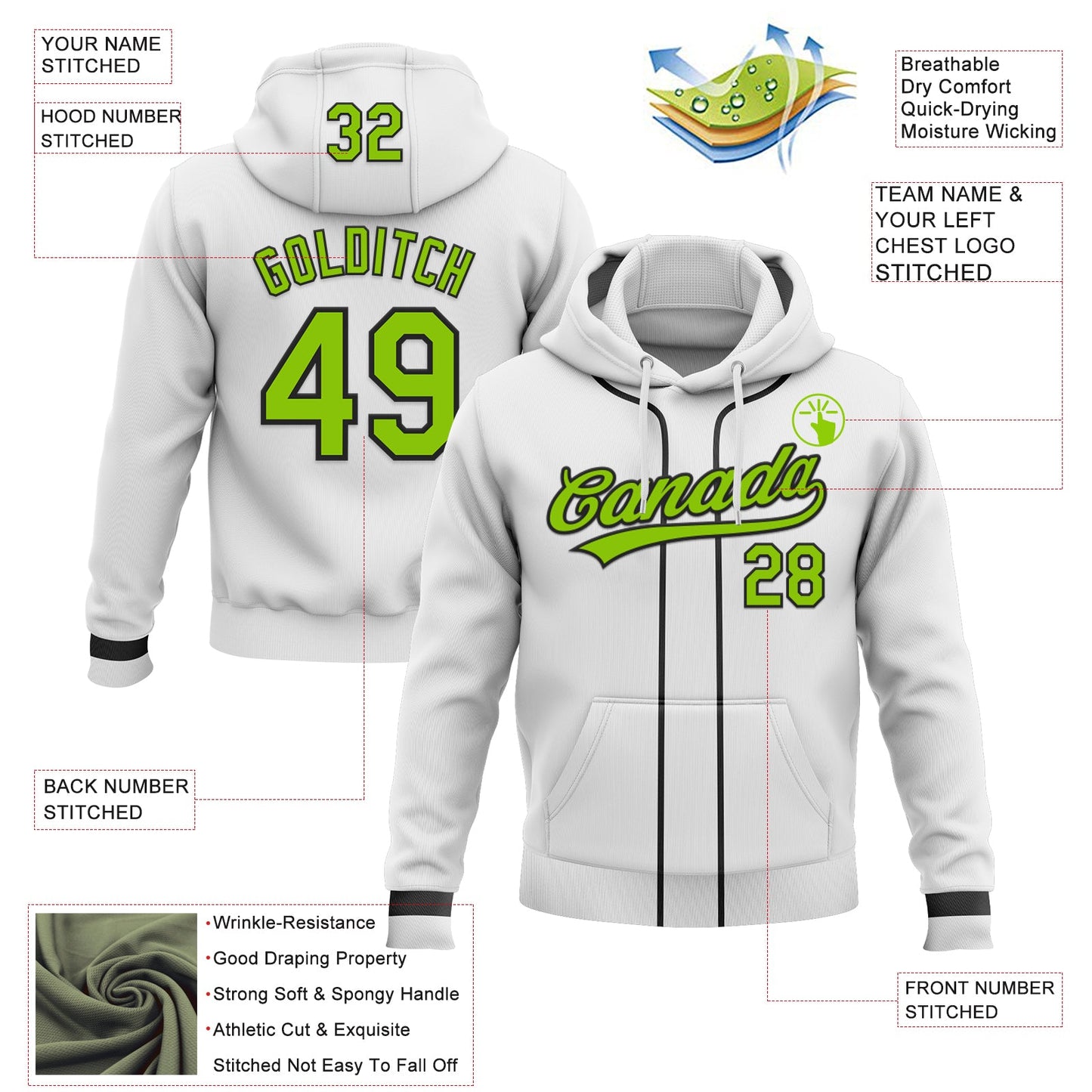Custom Stitched White Neon Green-Black Baseball Pullover Sweatshirt Hoodie view 2
