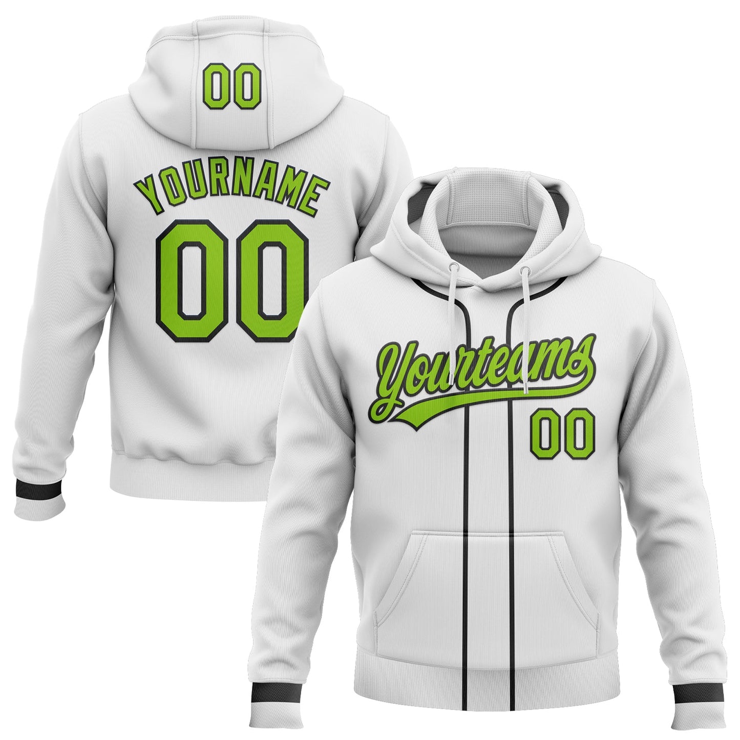 Custom Stitched White Neon Green-Black Baseball Pullover Sweatshirt Hoodie - Main View