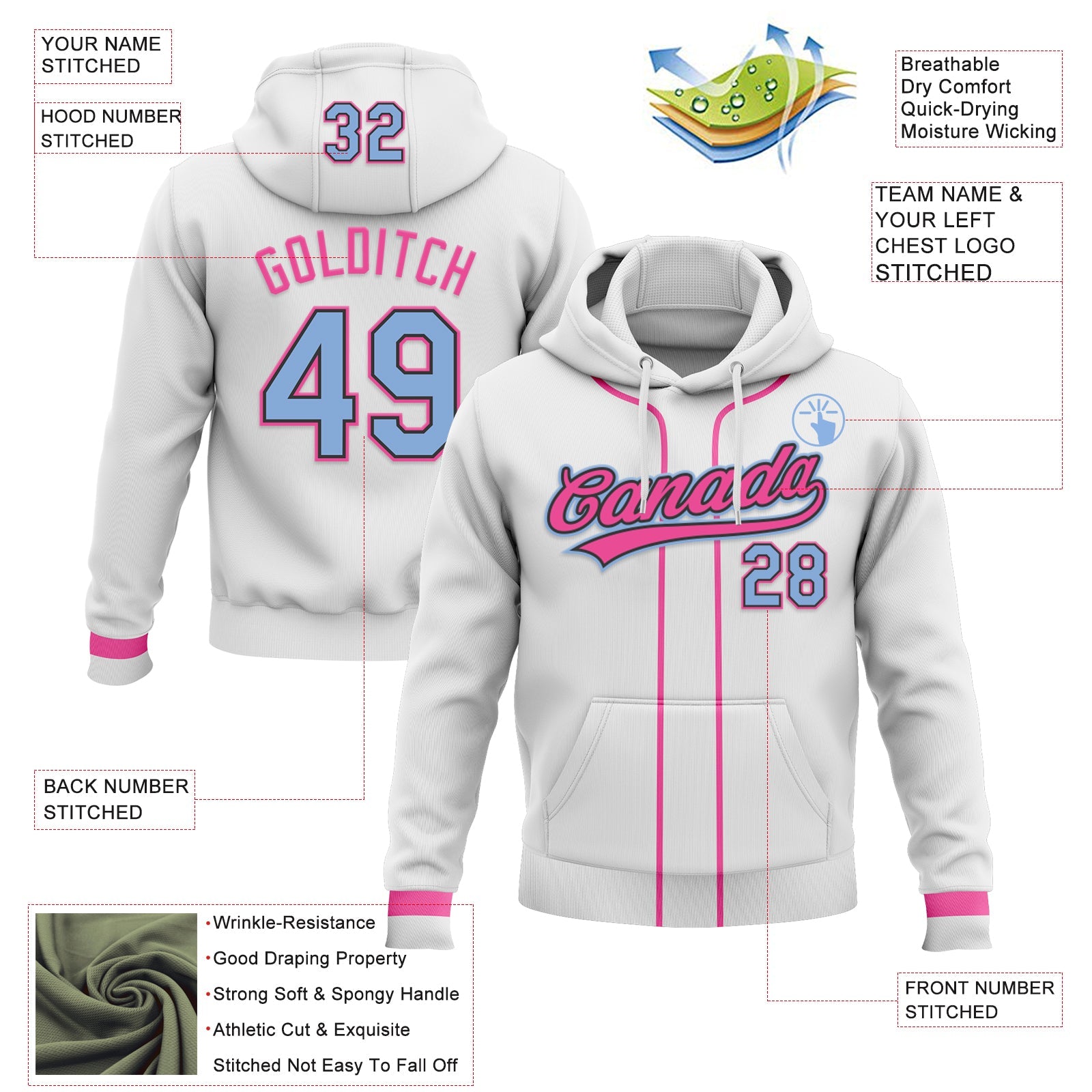 Custom Stitched White Light Blue Pink-Black Baseball Pullover Sweatshirt Hoodie view 2