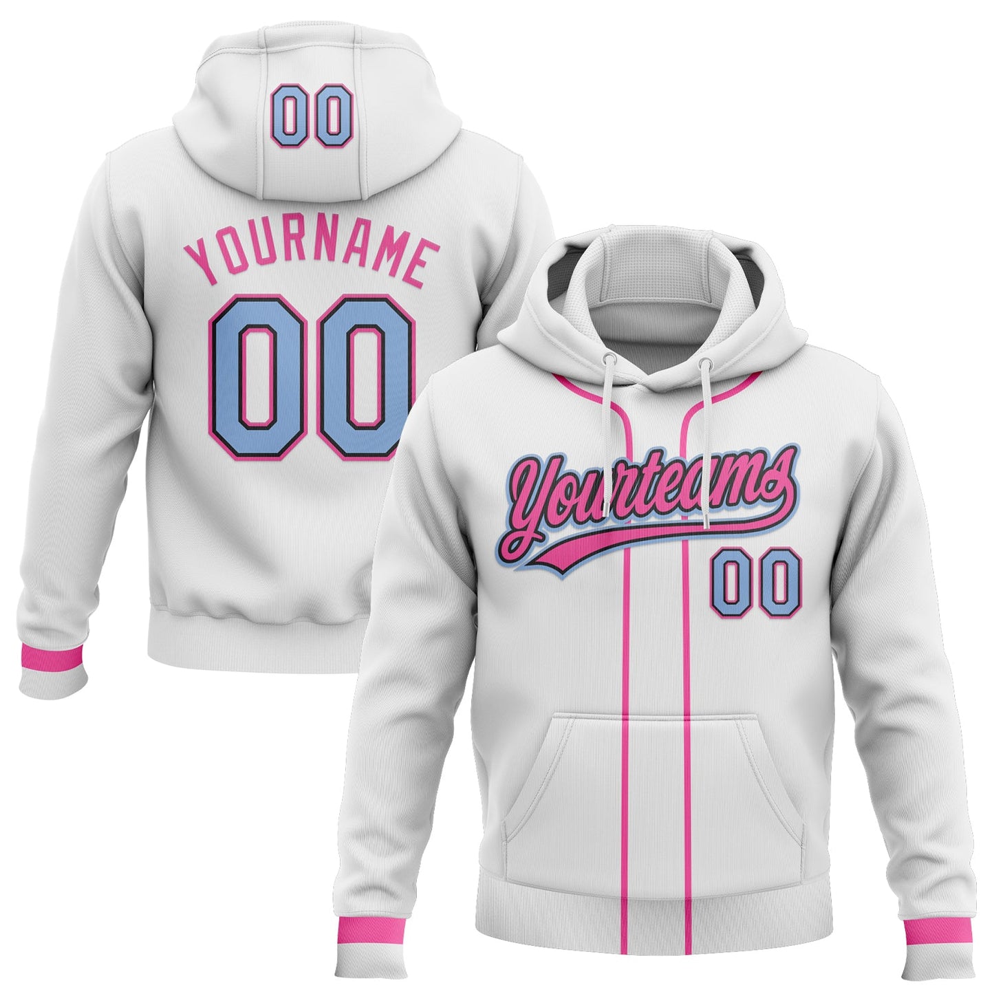 Custom Stitched White Light Blue Pink-Black Baseball Pullover Sweatshirt Hoodie - Main View