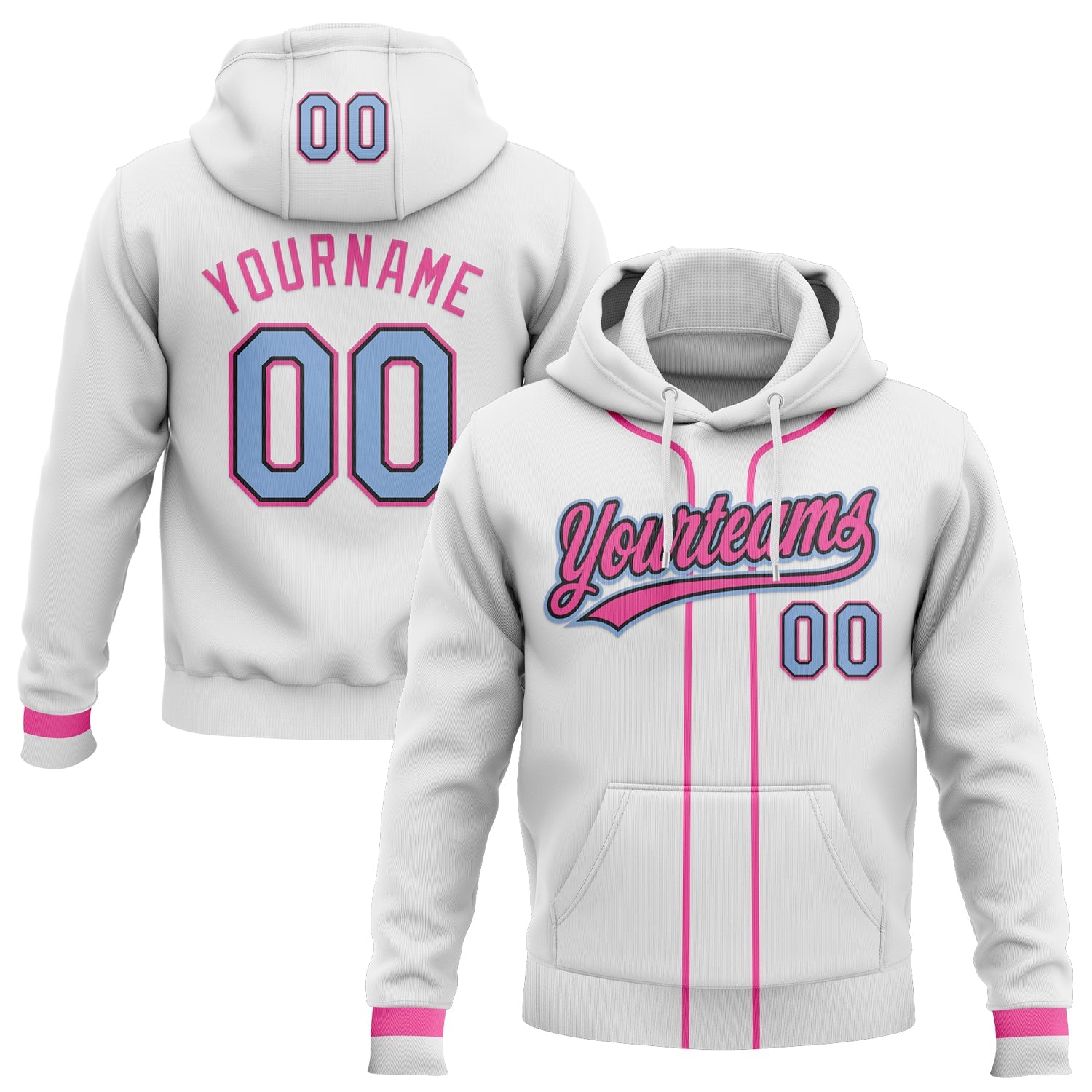Custom Stitched White Light Blue Pink-Black Baseball Pullover Sweatshirt Hoodie - Main View