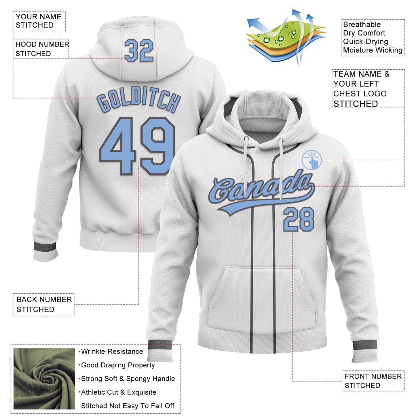 Custom Stitched White Light Blue-Steel Gray Baseball Pullover Sweatshirt Hoodie view 2