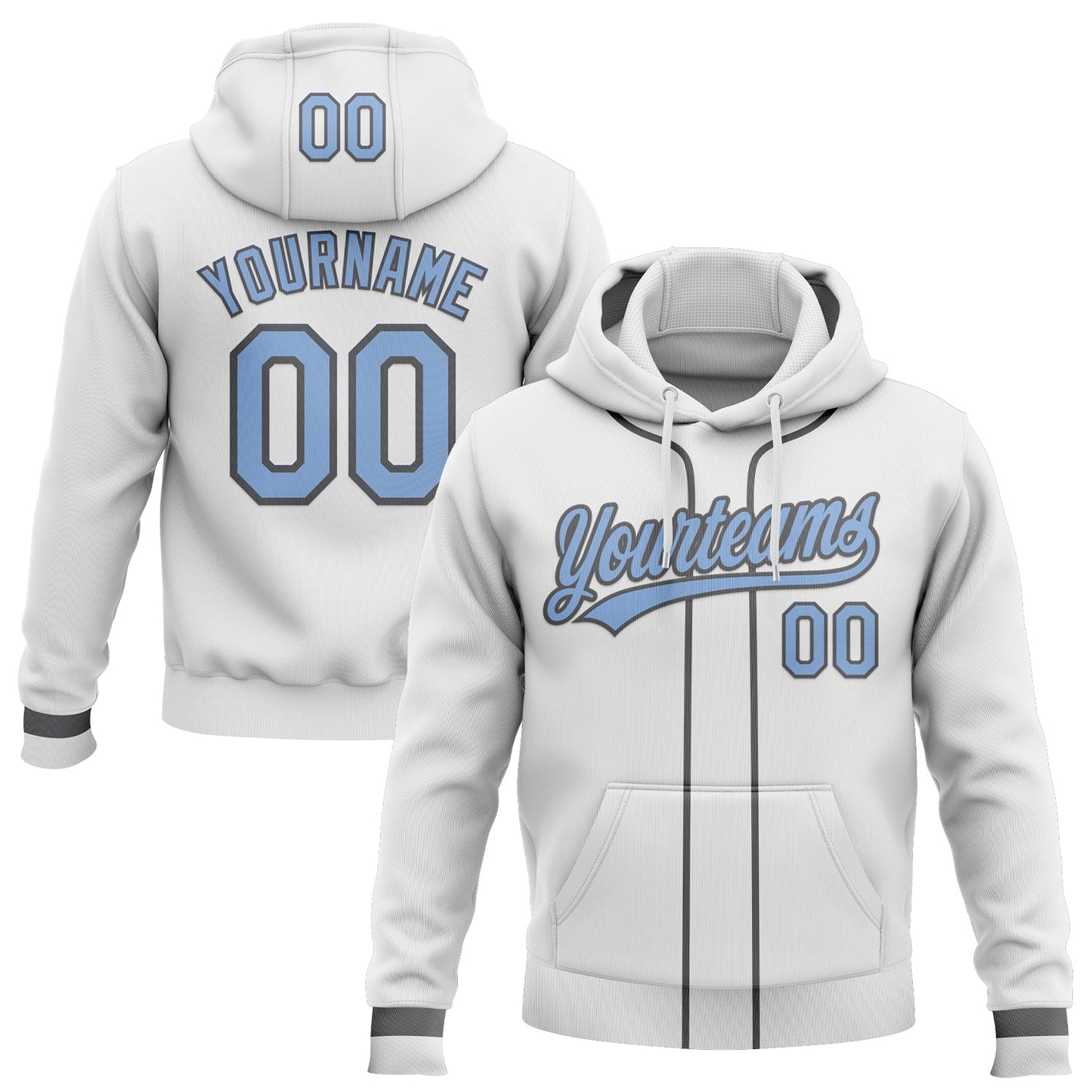 Custom Stitched White Light Blue-Steel Gray Baseball Pullover Sweatshirt Hoodie - Main View
