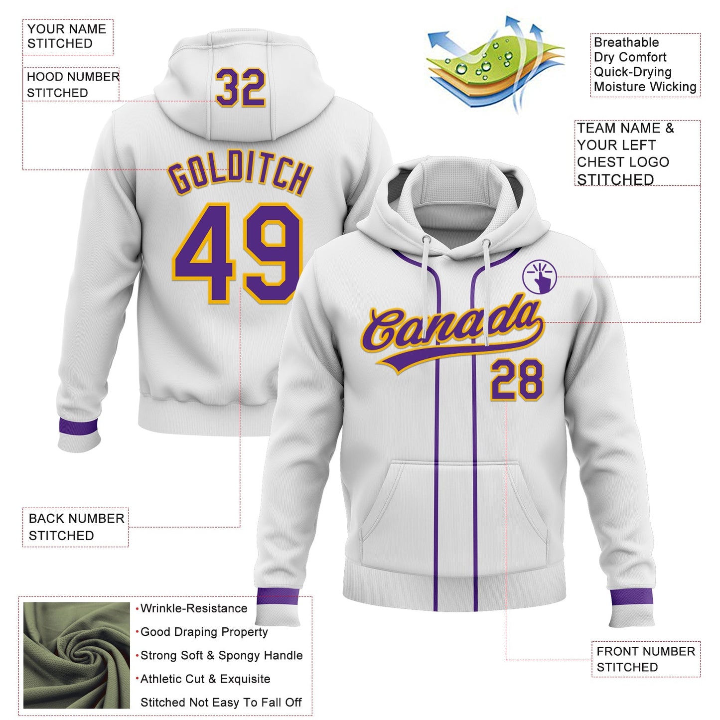 Custom Stitched White Purple-Gold Baseball Pullover Sweatshirt Hoodie view 2