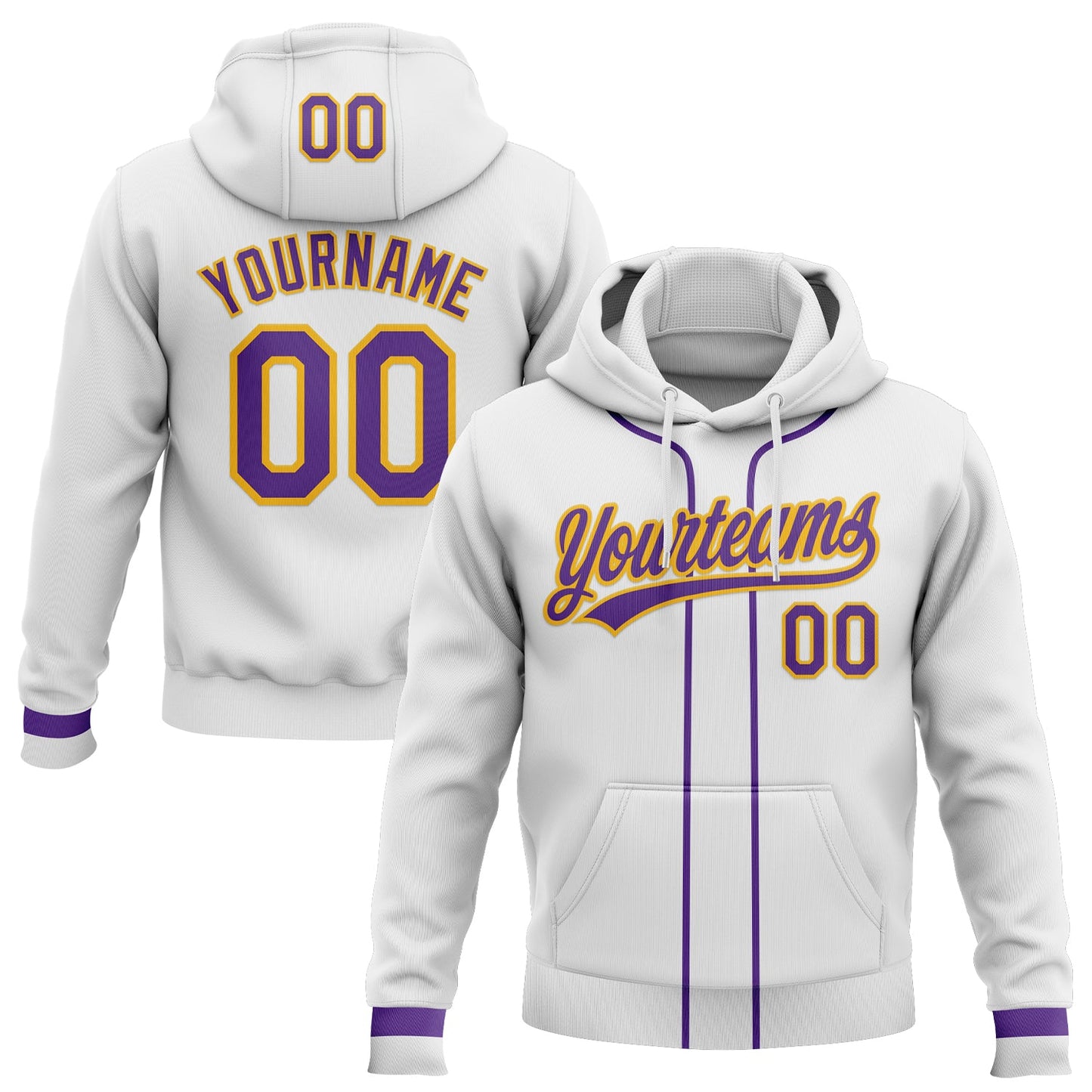 Custom Stitched White Purple-Gold Baseball Pullover Sweatshirt Hoodie - Main View