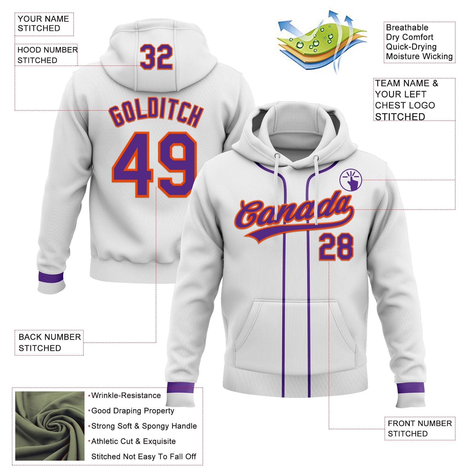 Custom Stitched White Purple-Orange Baseball Pullover Sweatshirt Hoodie view 2
