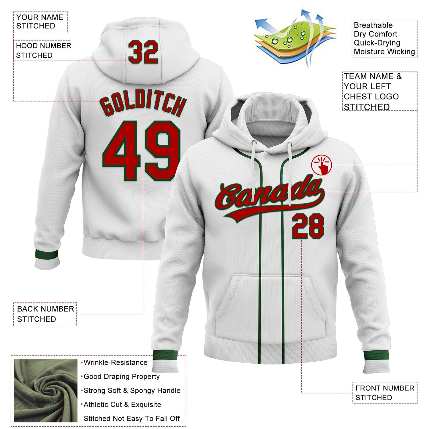 Custom Stitched White Red-Green Baseball Pullover Sweatshirt Hoodie view 2