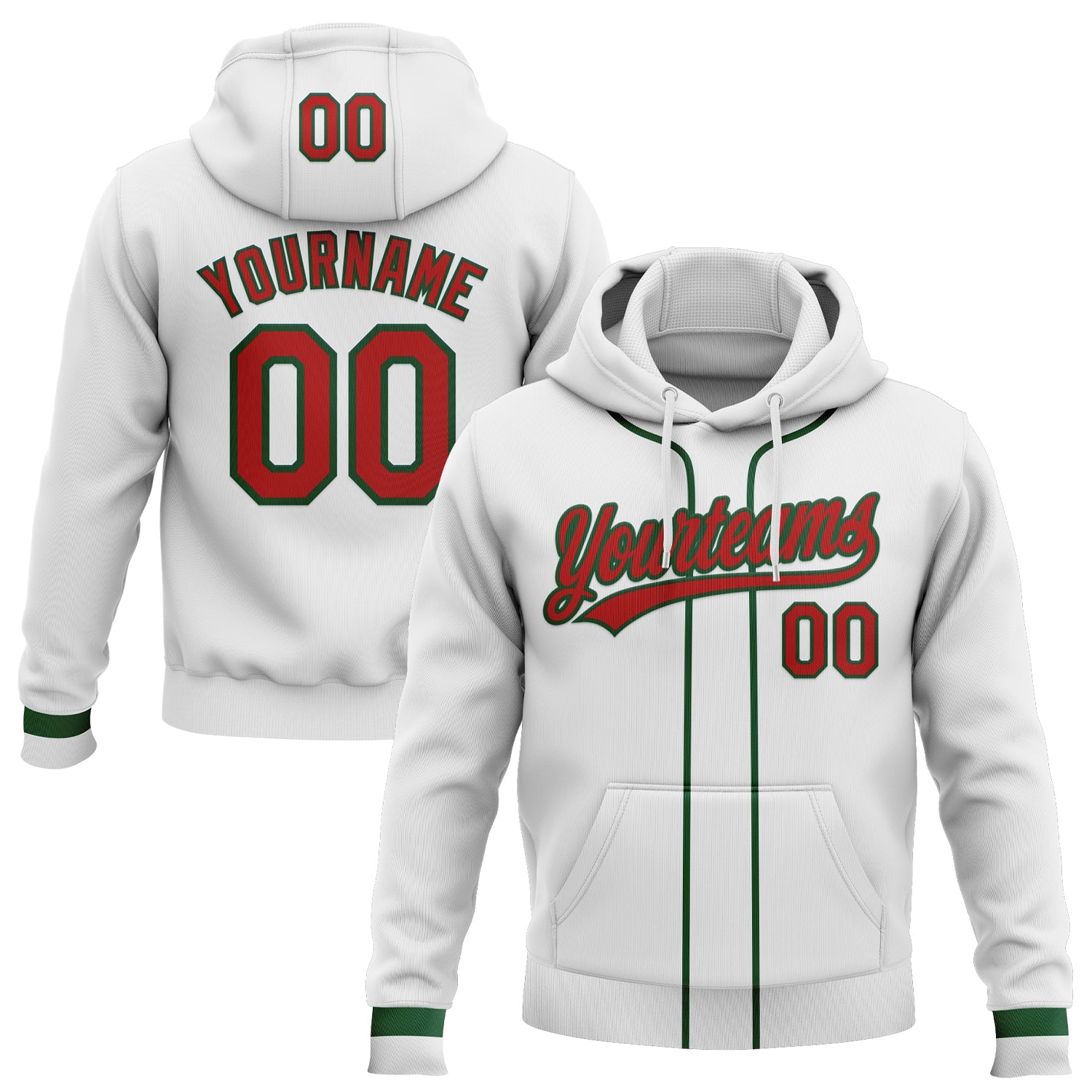 Custom Stitched White Red-Green Baseball Pullover Sweatshirt Hoodie - Main View