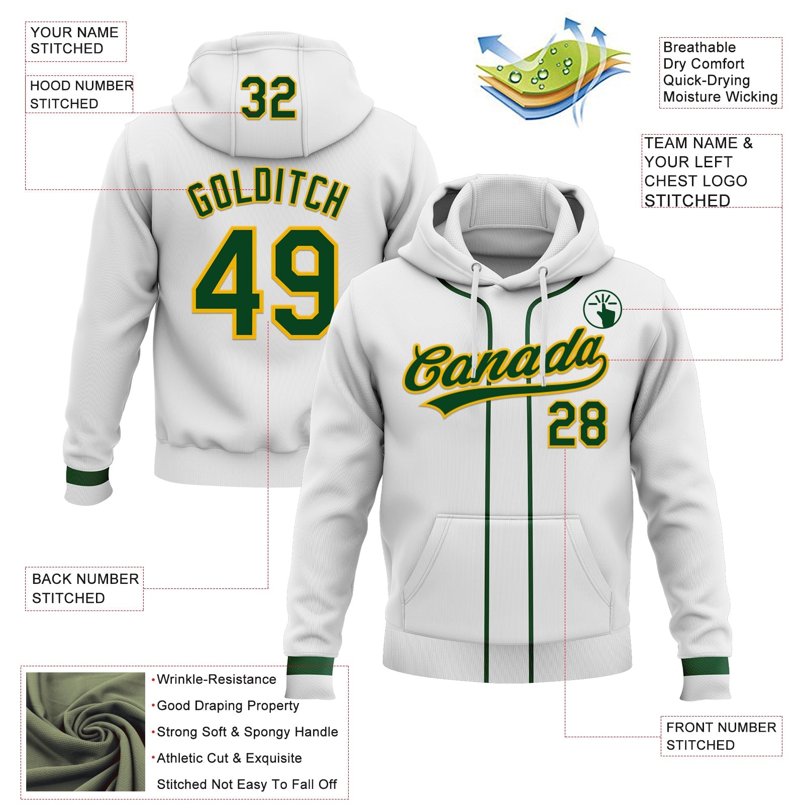 Custom Stitched White Green-Gold Baseball Pullover Sweatshirt Hoodie view 2