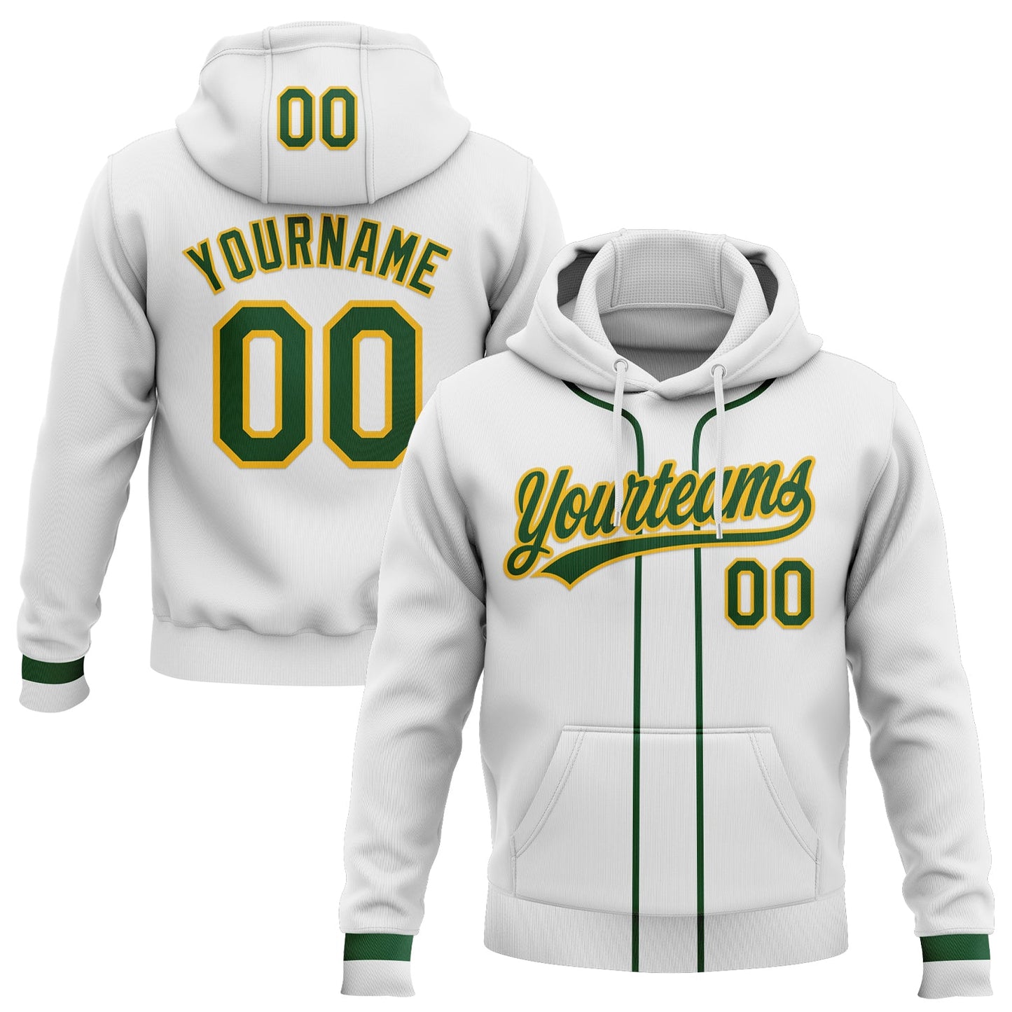 Custom Stitched White Green-Gold Baseball Pullover Sweatshirt Hoodie - Main View