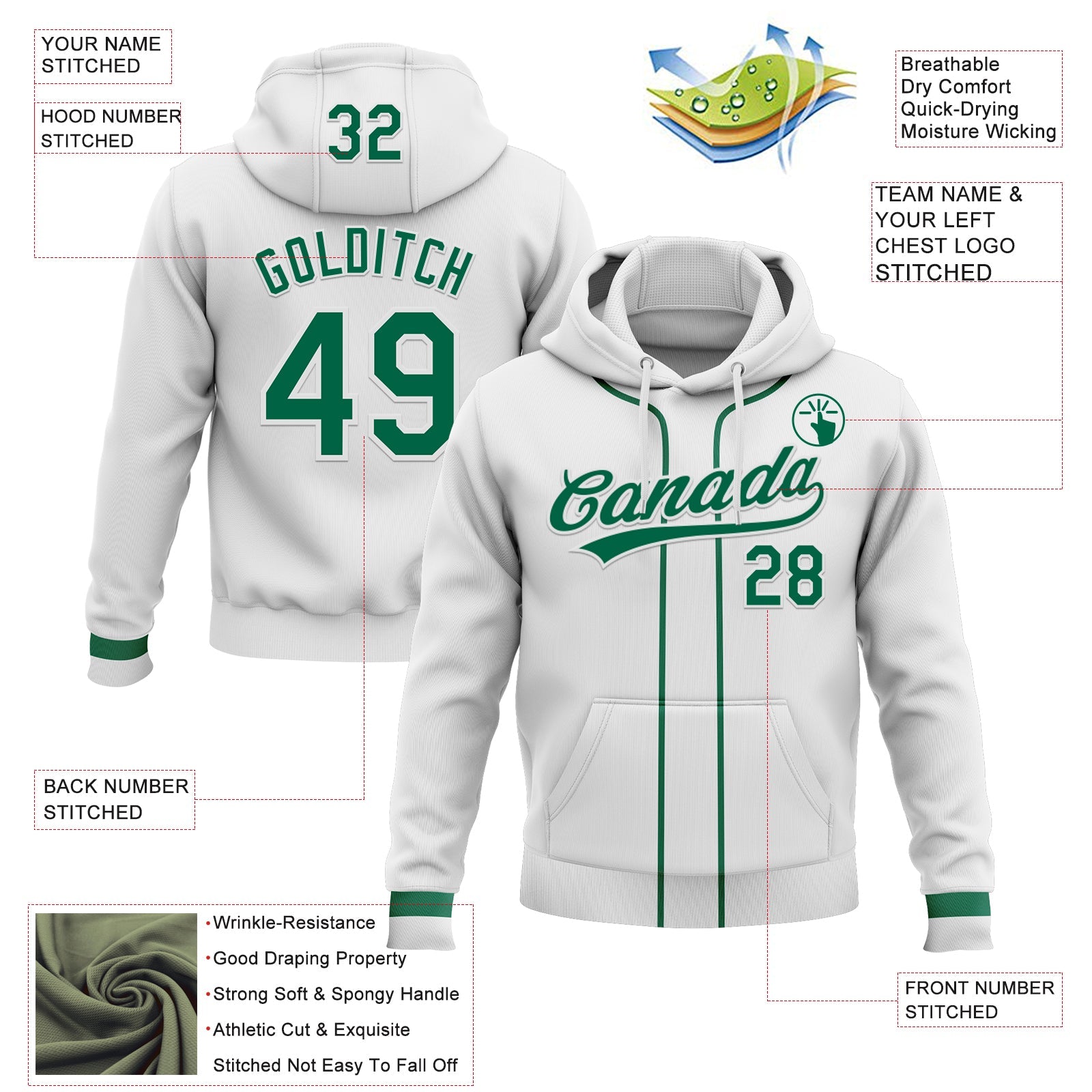 Custom Stitched White Kelly Green-White Baseball Pullover Sweatshirt Hoodie view 2