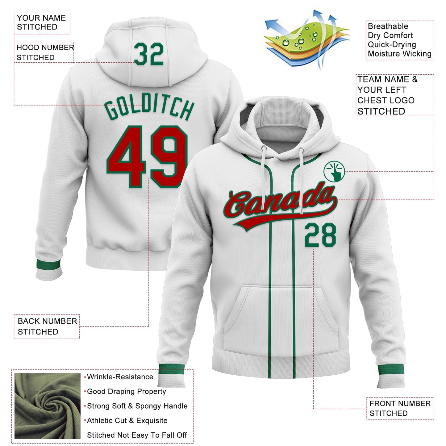 Custom Stitched White Red-Kelly Green Baseball Pullover Sweatshirt Hoodie view 2