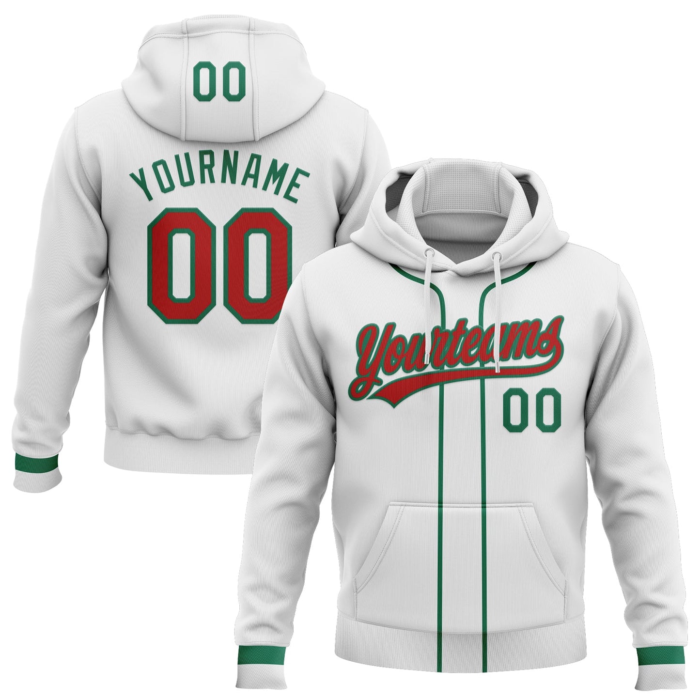 Custom Stitched White Red-Kelly Green Baseball Pullover Sweatshirt Hoodie - Main View
