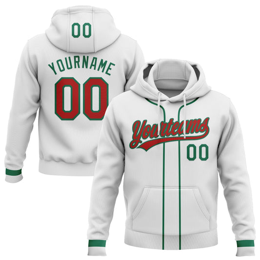 Custom Stitched White Red-Kelly Green Baseball Pullover Sweatshirt Hoodie - Main View
