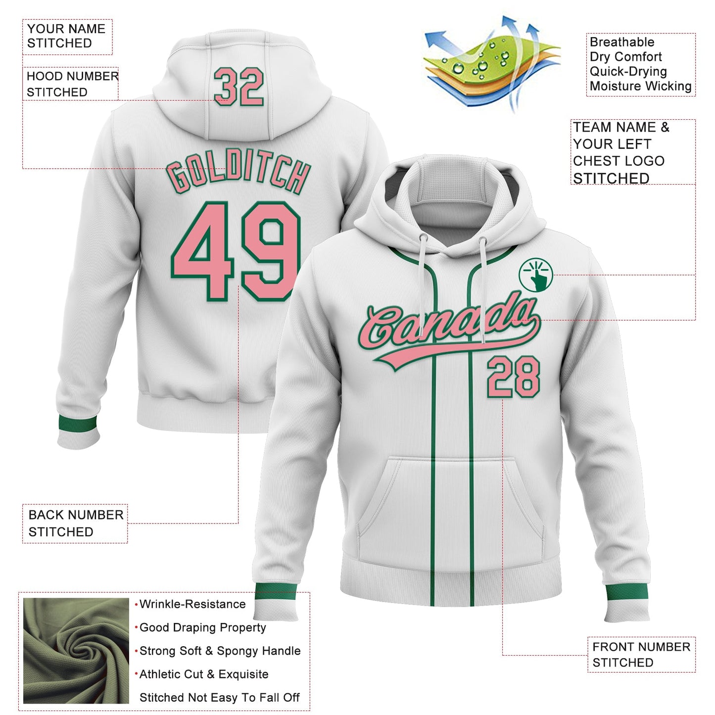 Custom Stitched White Medium Pink-Kelly Green Baseball Pullover Sweatshirt Hoodie view 2
