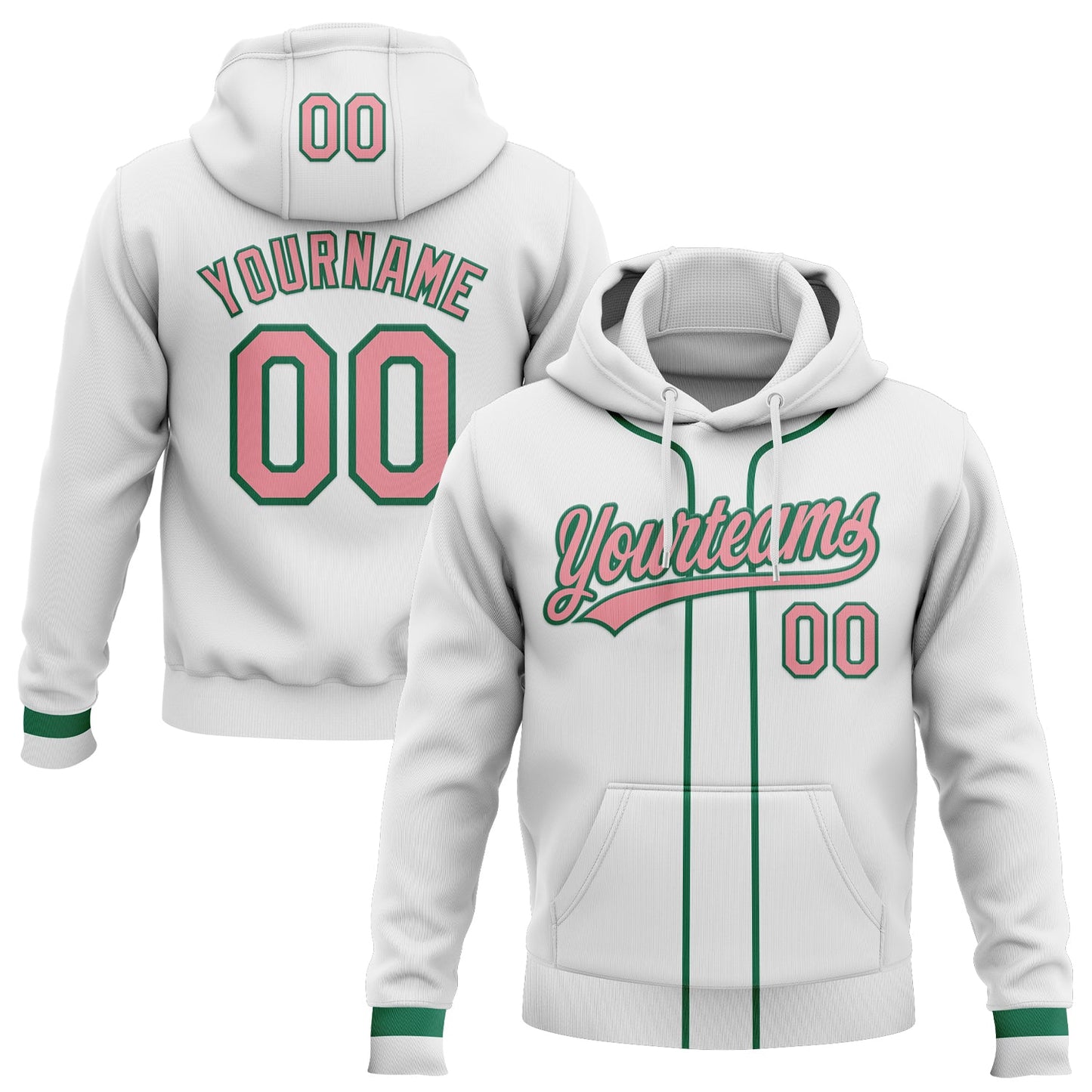 Custom Stitched White Medium Pink-Kelly Green Baseball Pullover Sweatshirt Hoodie - Main View