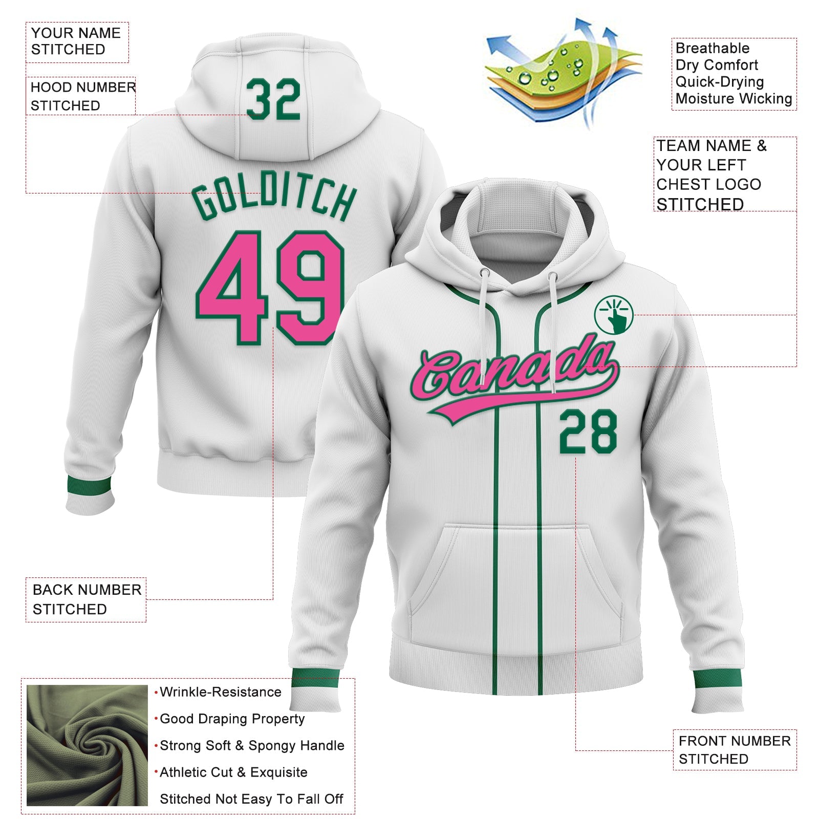 Custom Stitched White Pink-Kelly Green Baseball Pullover Sweatshirt Hoodie view 2