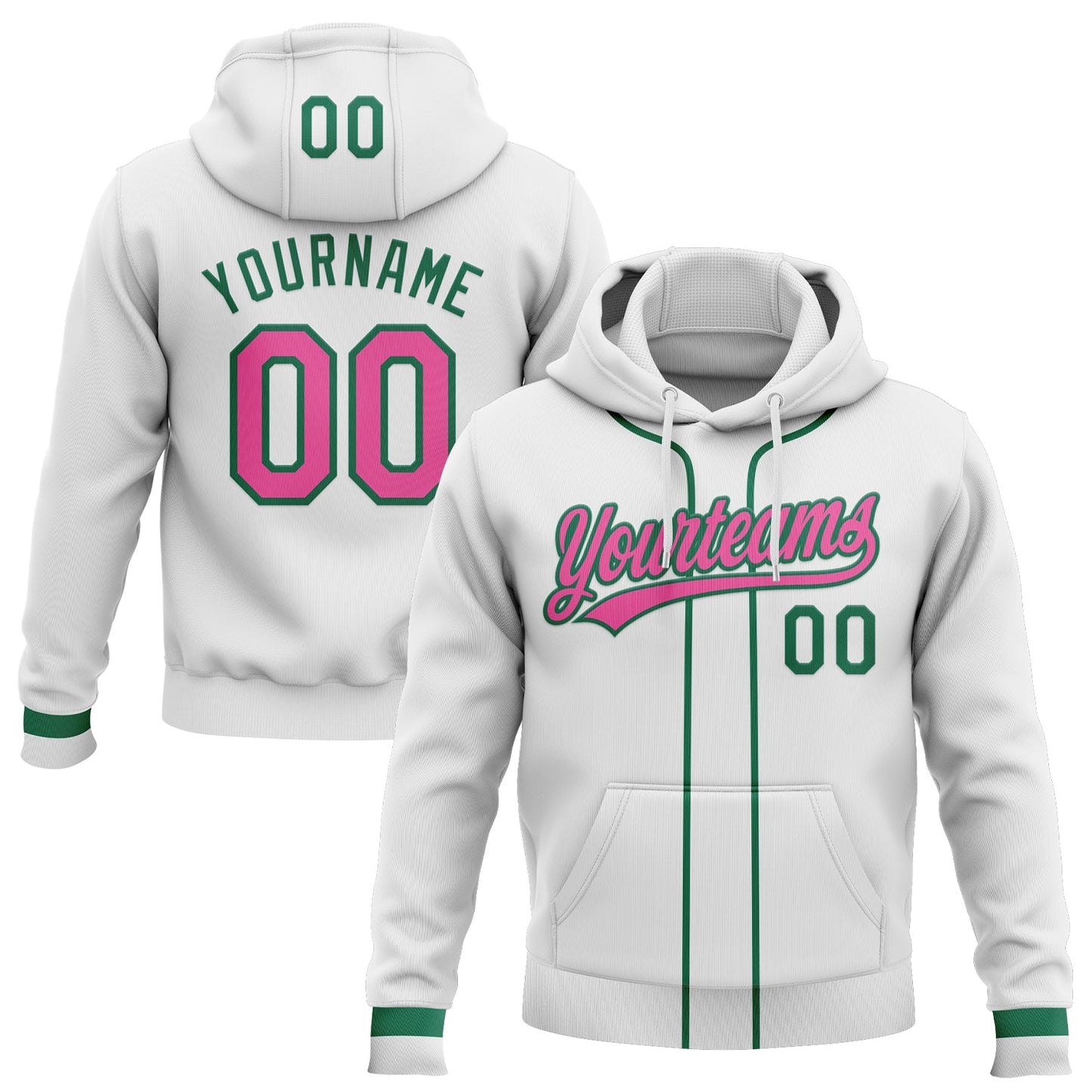 Custom Stitched White Pink-Kelly Green Baseball Pullover Sweatshirt Hoodie - Main View