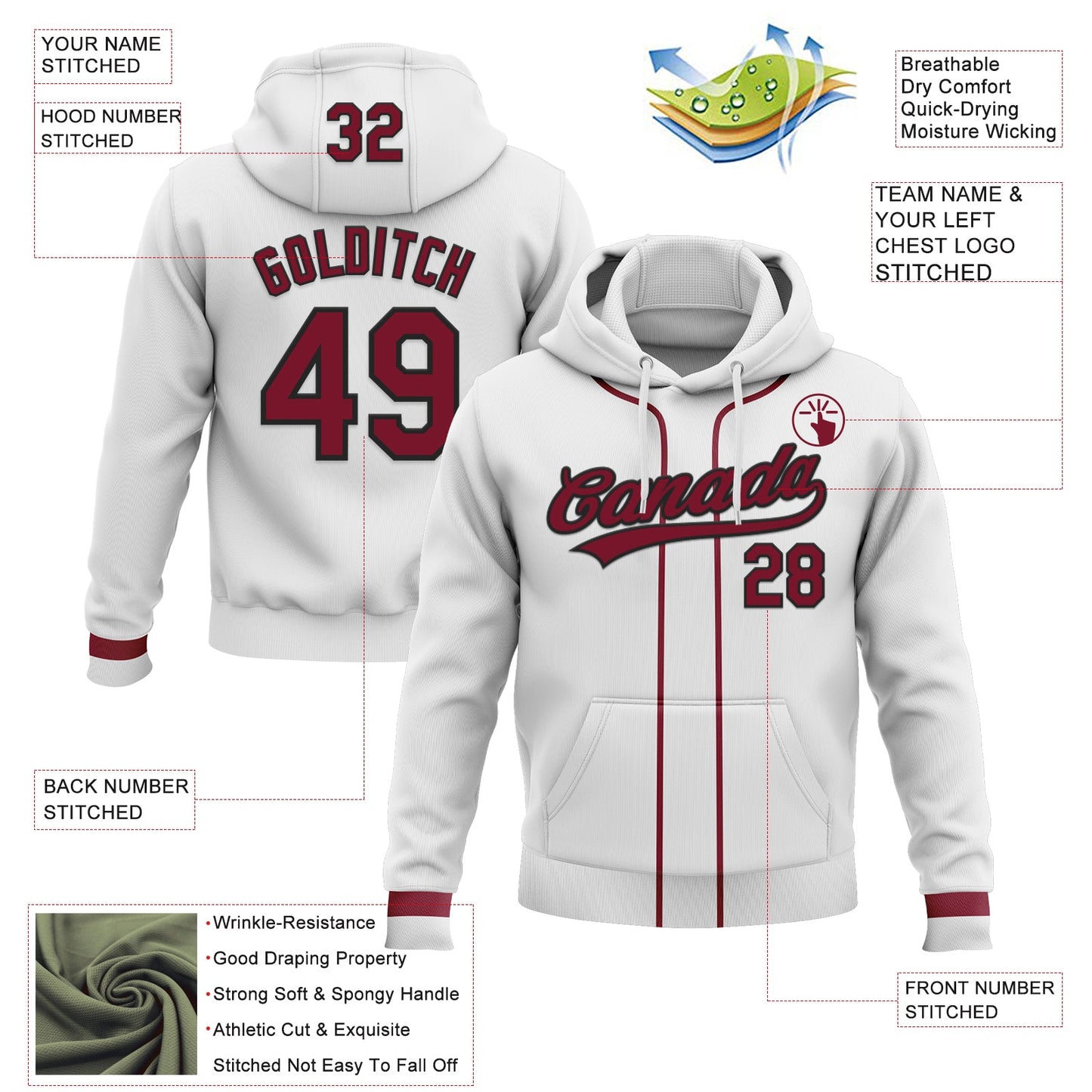 Custom Stitched White Crimson-Black Baseball Pullover Sweatshirt Hoodie view 2