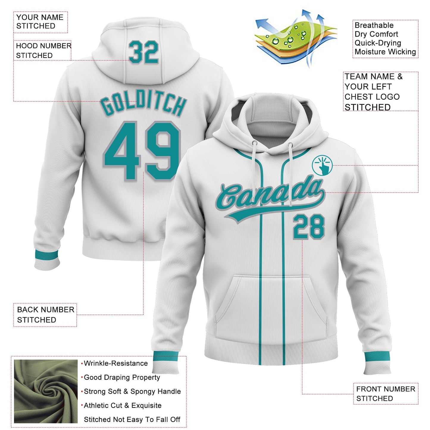 Custom Stitched White Teal-Gray Baseball Pullover Sweatshirt Hoodie view 2