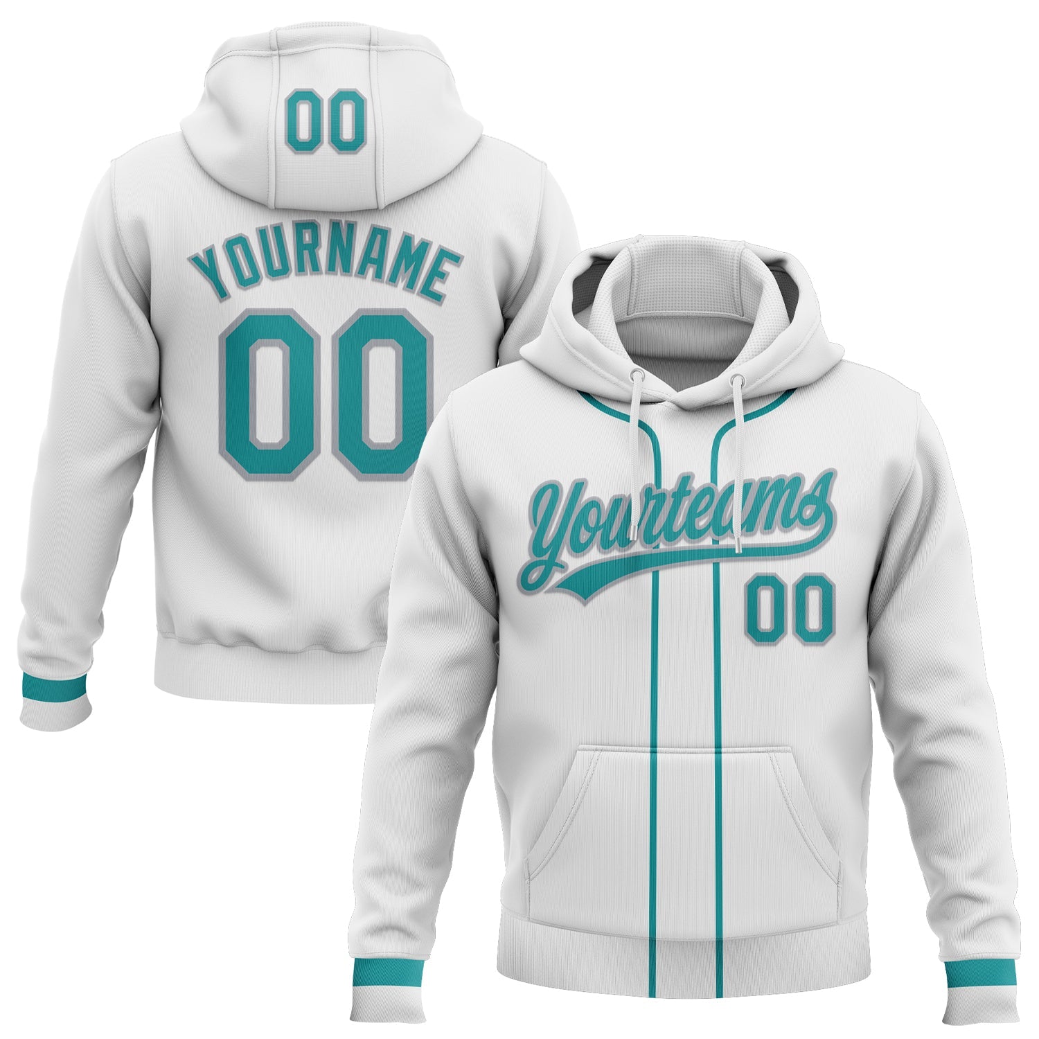 Custom Stitched White Teal-Gray Baseball Pullover Sweatshirt Hoodie - Main View
