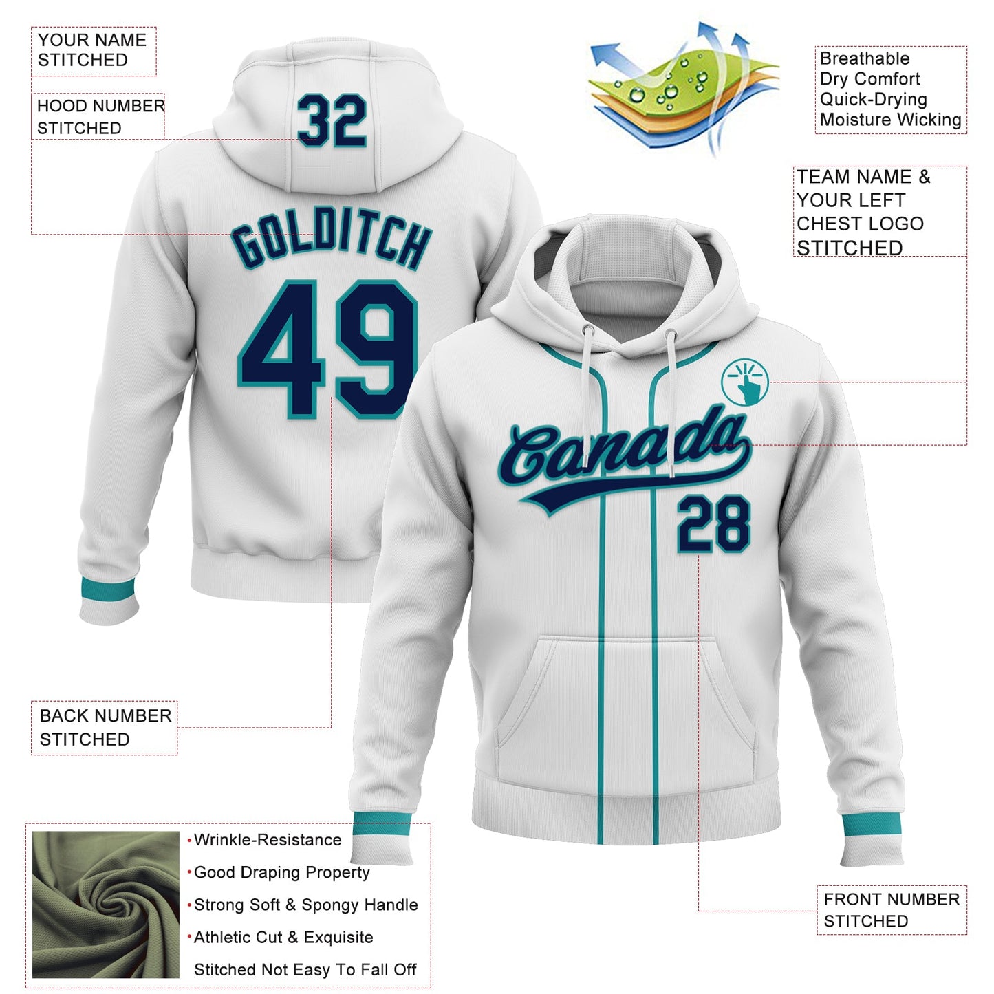 Custom Stitched White Navy-Teal Baseball Pullover Sweatshirt Hoodie view 2