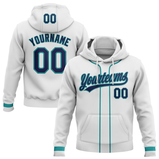 Custom Stitched White Navy-Teal Baseball Pullover Sweatshirt Hoodie - Main View