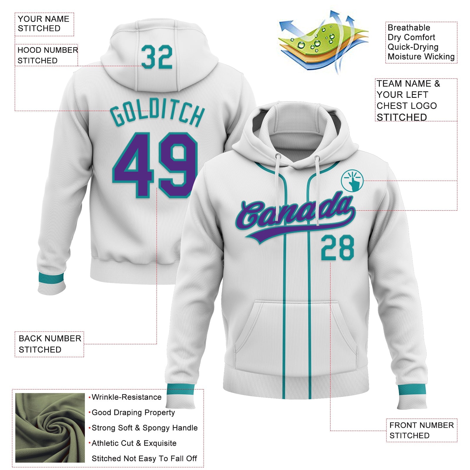 Custom Stitched White Purple-Teal Baseball Pullover Sweatshirt Hoodie view 2