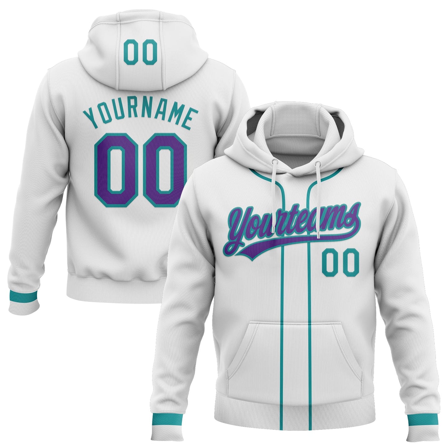 Custom Stitched White Purple-Teal Baseball Pullover Sweatshirt Hoodie - Main View