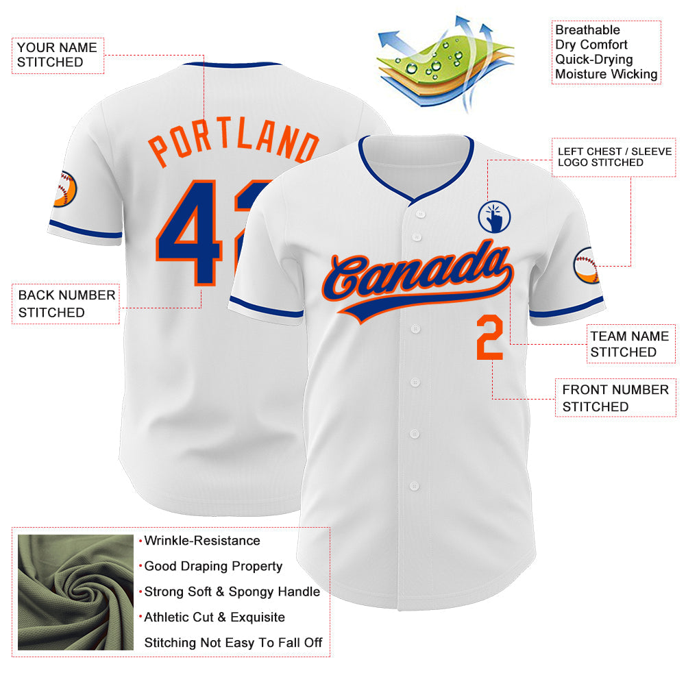 Custom White Royal-Orange Authentic Baseball Jersey view 3