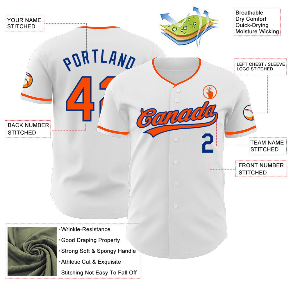 Custom White Orange-Royal Authentic Baseball Jersey view 3