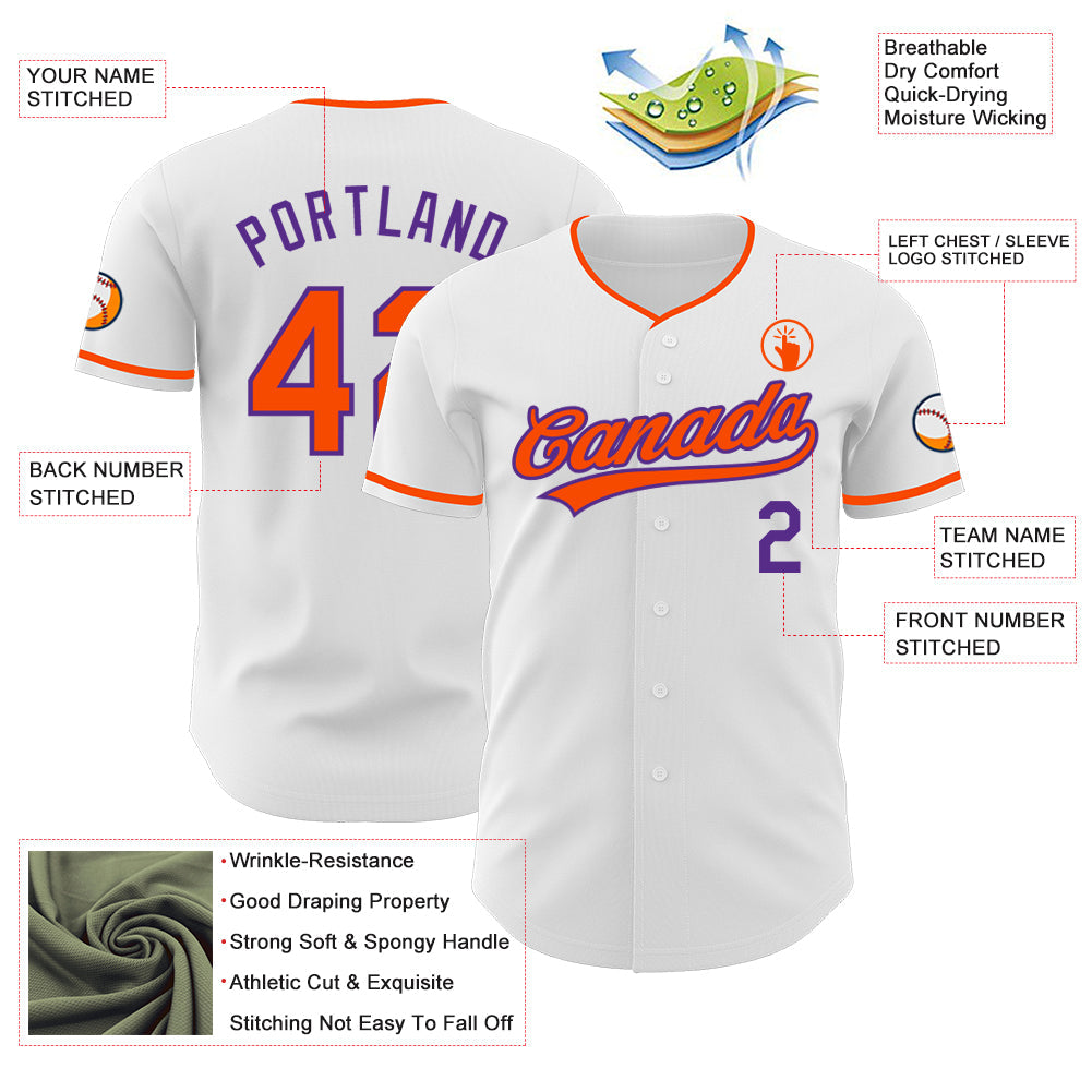 Custom White Orange-Purple Authentic Baseball Jersey view 3