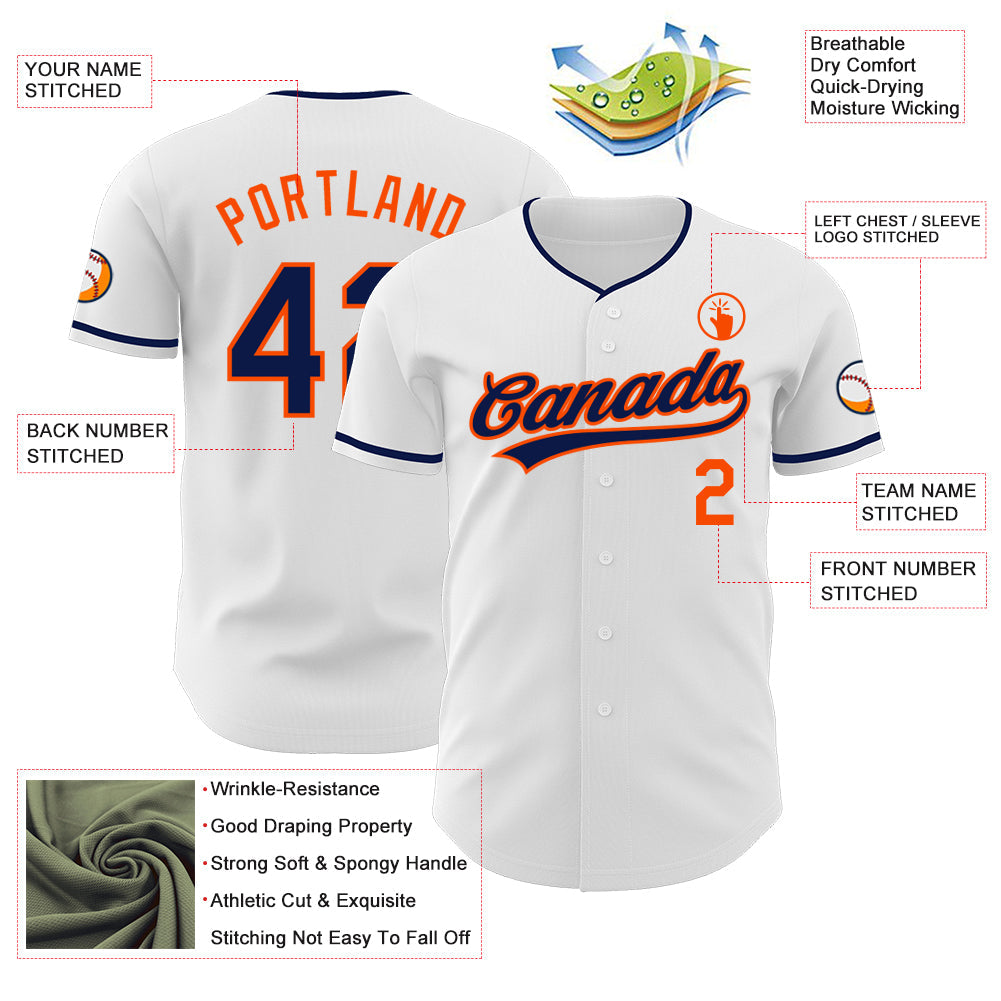 Custom White Navy-Orange Authentic Baseball Jersey view 3