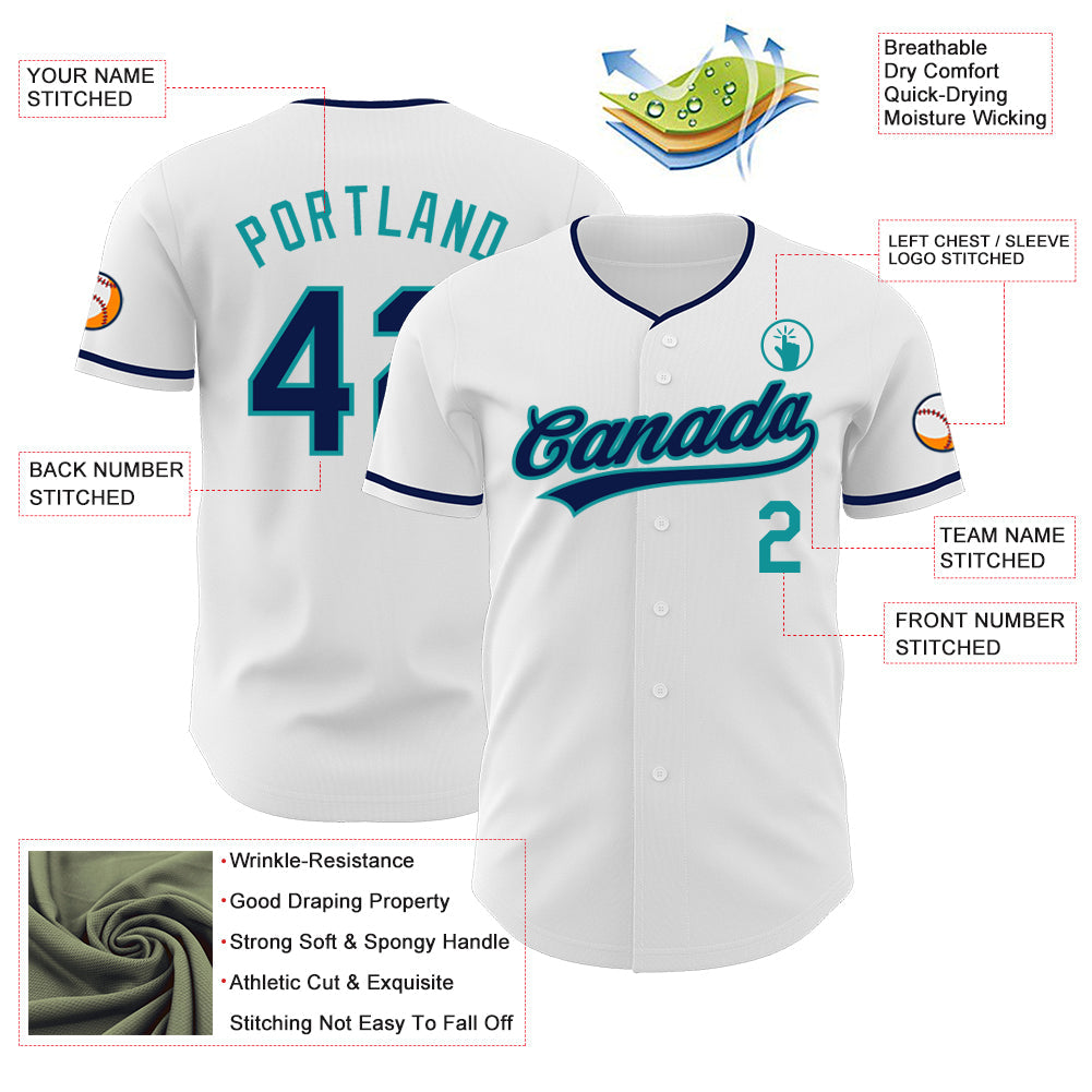 Custom White Navy-Teal Authentic Baseball Jersey view 3