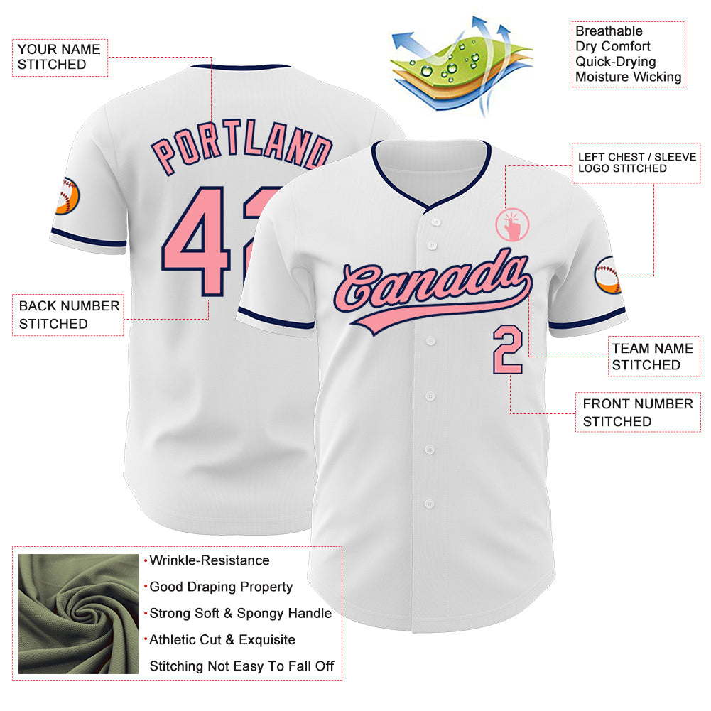 Custom White Medium Pink-Navy Authentic Baseball Jersey view 3